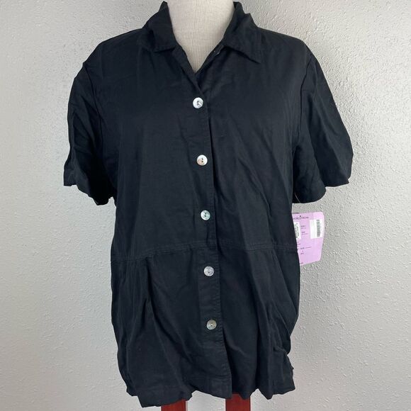 NWT AKS Black Linen Blend Button Down Shirt Size L - Picture 1 of 6